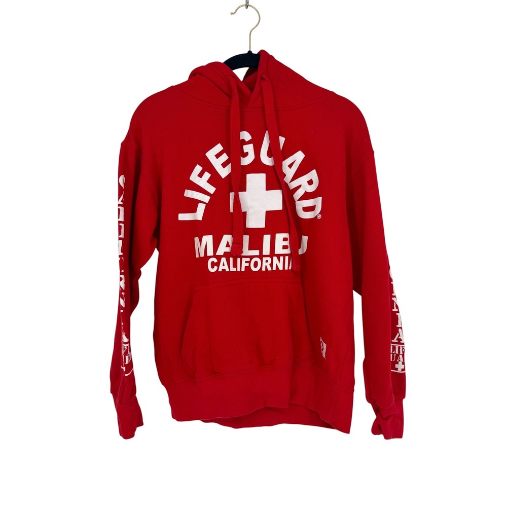 Lifeguard Malibu California Hoodie Red Graphic Sweatshirt Small Sleeve Print